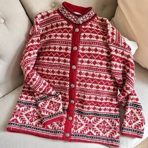 L.L. Bean Red and Cream Wool Cardigan Size L